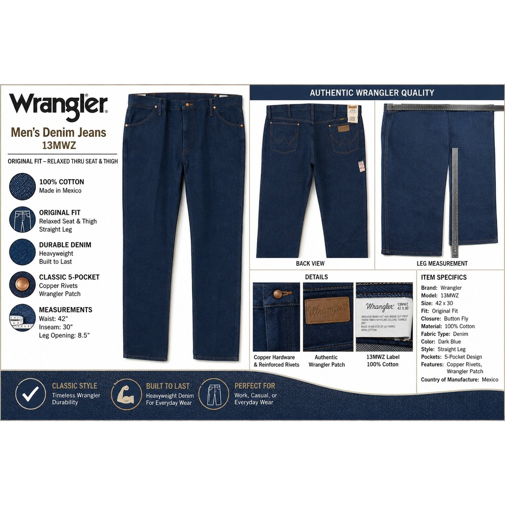 Wrangler 13MWZ Cowboy Cut Original Fit Rigid Indigo Denim Jeans Mens 42x30 NWT
